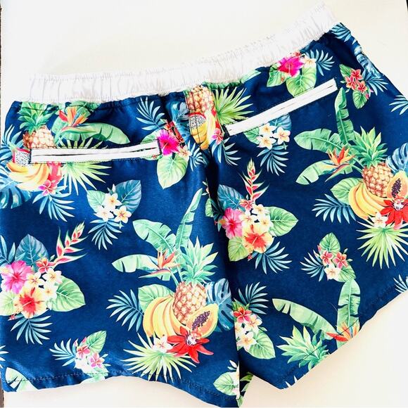 MENS AUSSIEBUM Navy Blue White Floral Palm Swim Trunks Shorts Pockets Unlined M - Picture 5 of 12